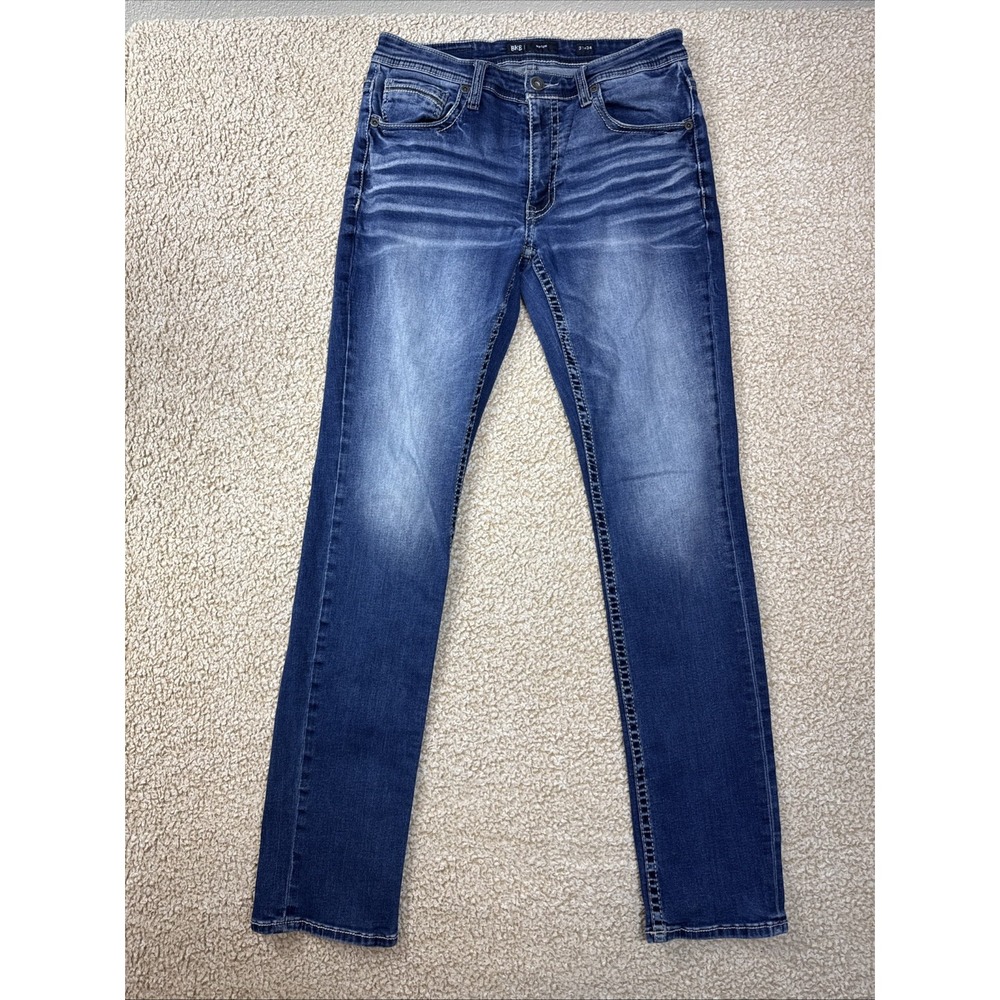 BKE Buckle Mason Jeans Men's 31x34 Blue Straight Leg Stretch Whiskered Faded
